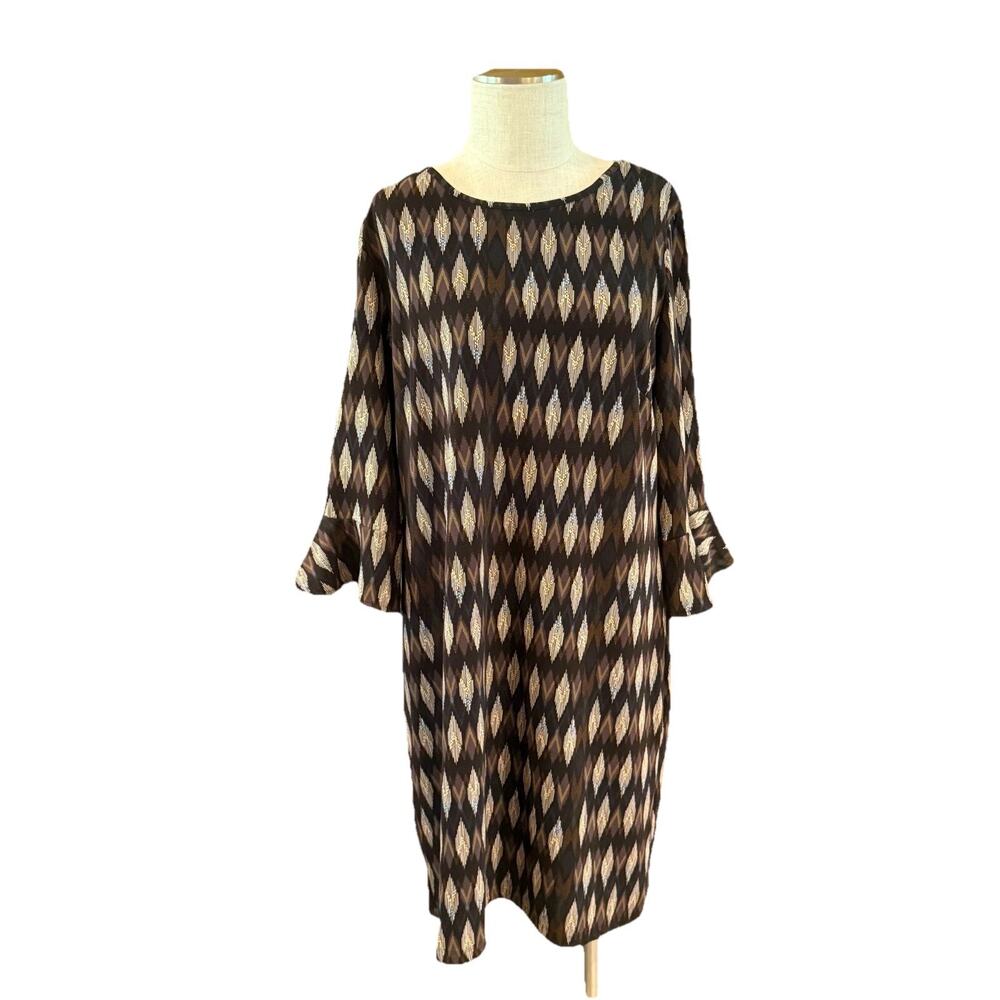 Peach Velvet Shift Dress Womens Size 16 Multicolor Geometric Print Bell Sleeve